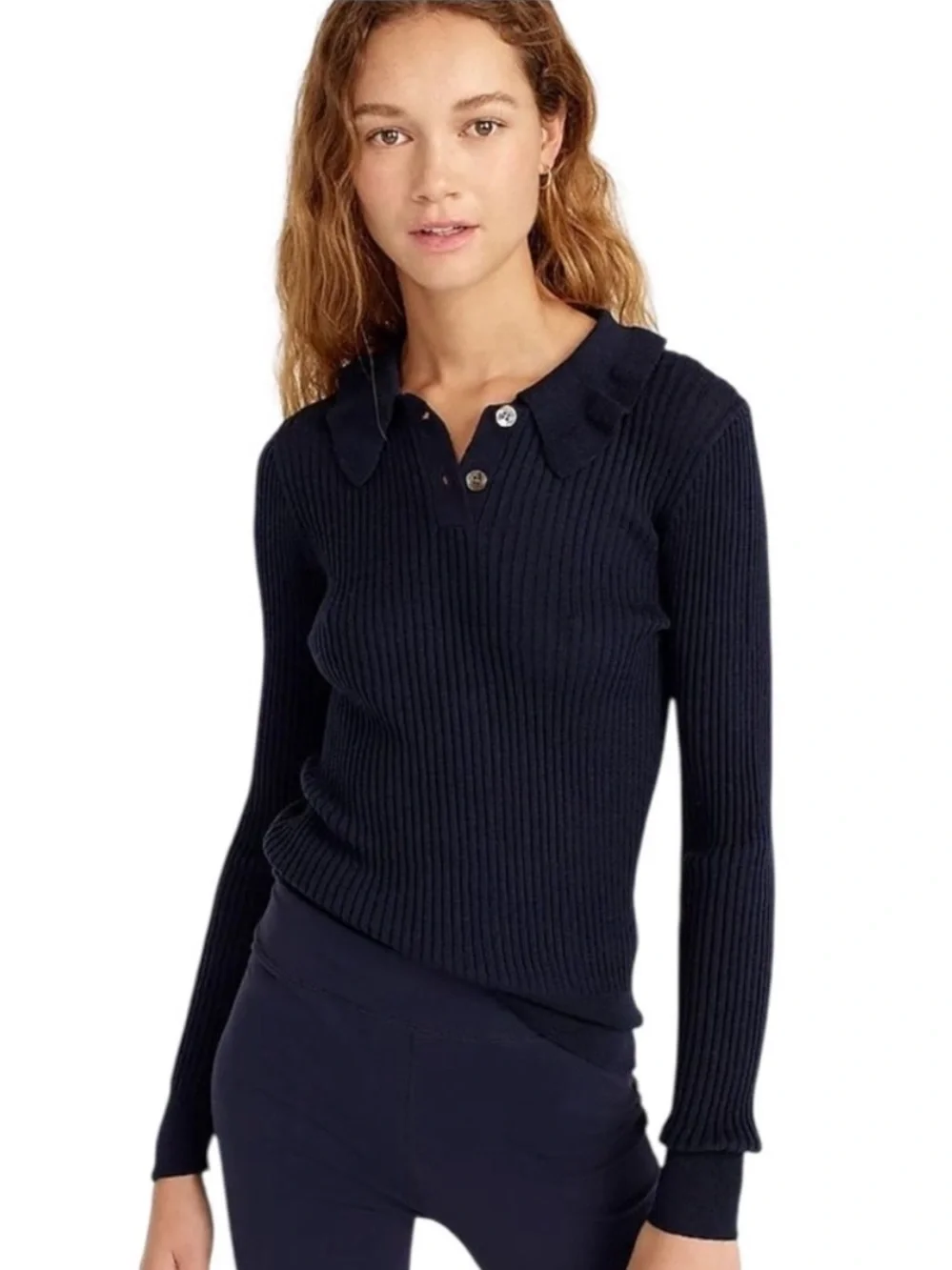 NWT J. crew ribbed ruffle collar merino wool sweater navy blue Size S